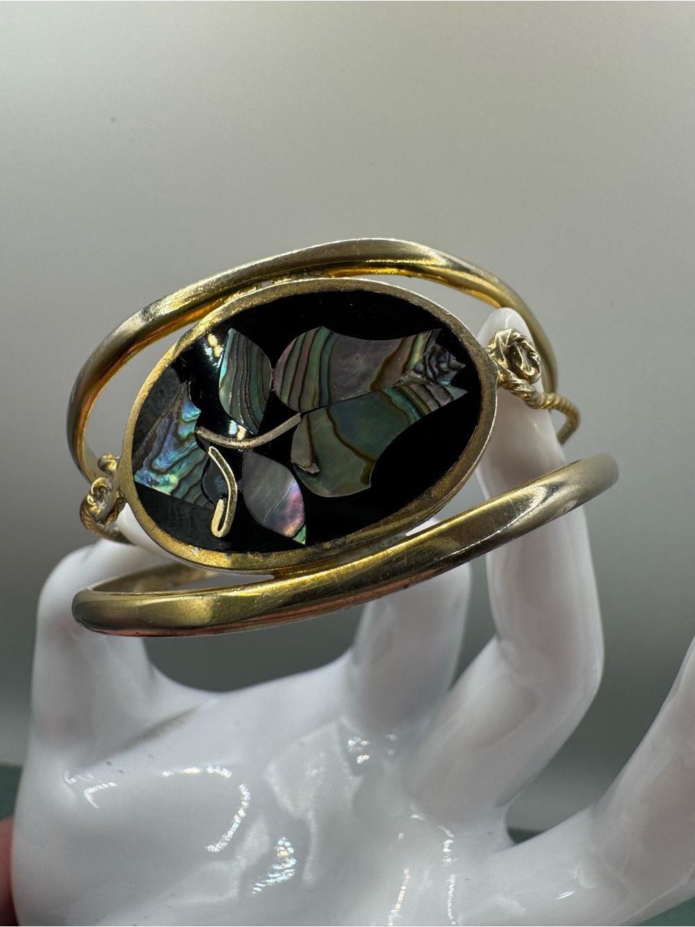 Vintage Gold-Tone Alpaca Mexico Abalone Shell Inlay Floral Cuff Bracelet